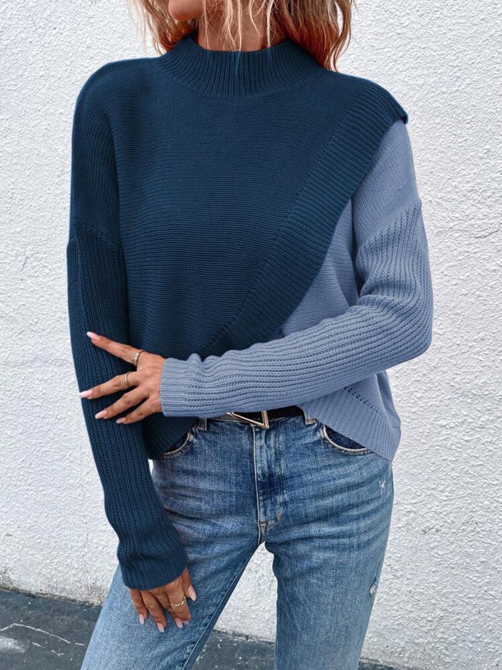 Split-Front Contrast Mock Neck Sweater - Picture 10 of 11